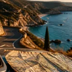 Corse ou aller en vacances : carte itinéraire sur route côtière et crique turquoise