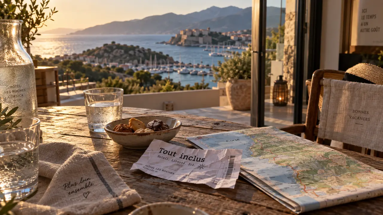 Corse vacances all inclusive : ticket tout inclus sur terrasse, Méditerranée au loin