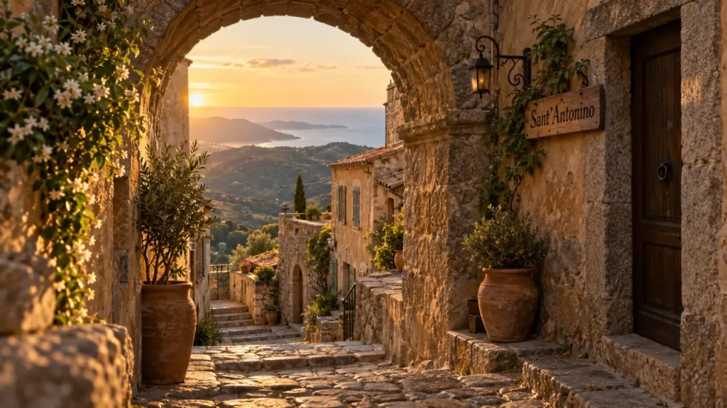 Corse village : ruelle en pierre à Sant’Antonino (Balagne) à la golden hour