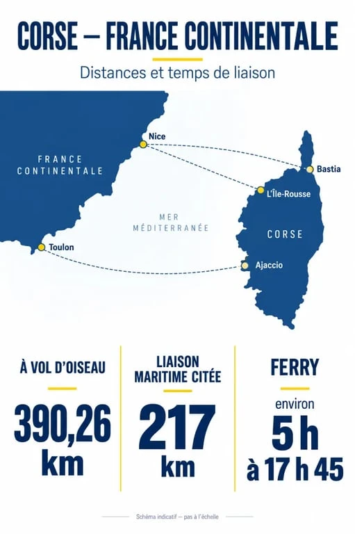 Infographie sur la corse france distance à vol d’oiseau, maritime et en ferry