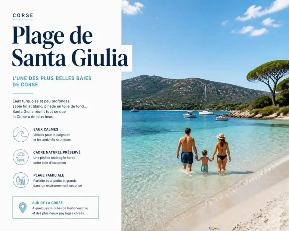 La plage de Santa Giulia, idéale pour les familles en Corse avec ses eaux peu profondes