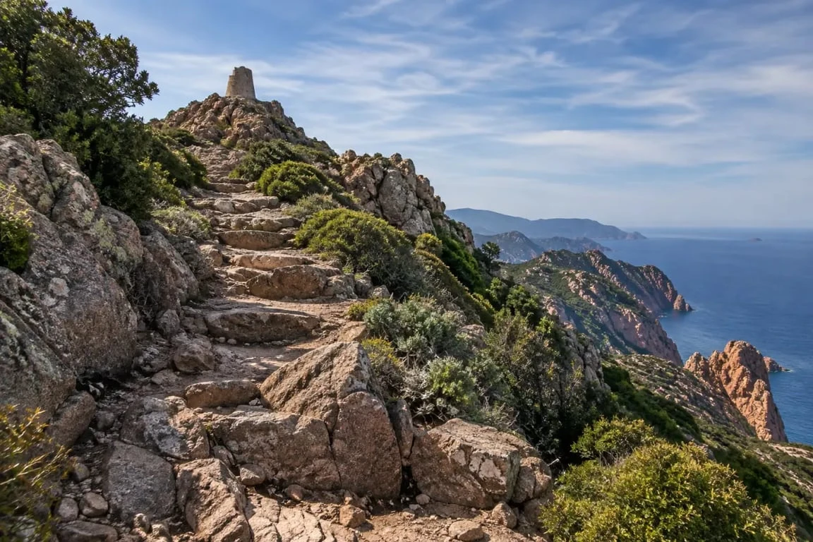 Montée rocheuse de la rando Capo Rosso vers la tour de Turghiu