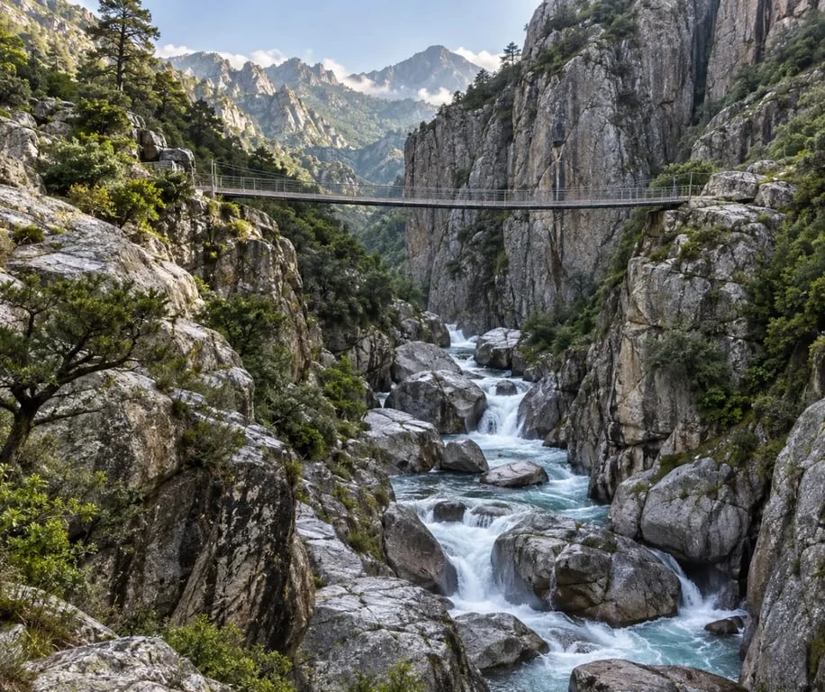 GR20 paysages : passerelle de Spasimata dans les gorges corses