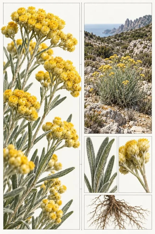 Plante corse : immortelle corse Helichrysum italicum dans le maquis méditerranéen