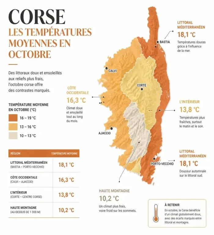 Infographie des températures en Corse en octobre par région