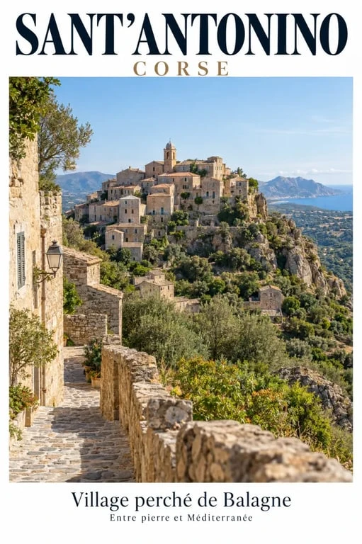 Village corse perché de Sant’Antonino en Balagne avec vue sur la mer
