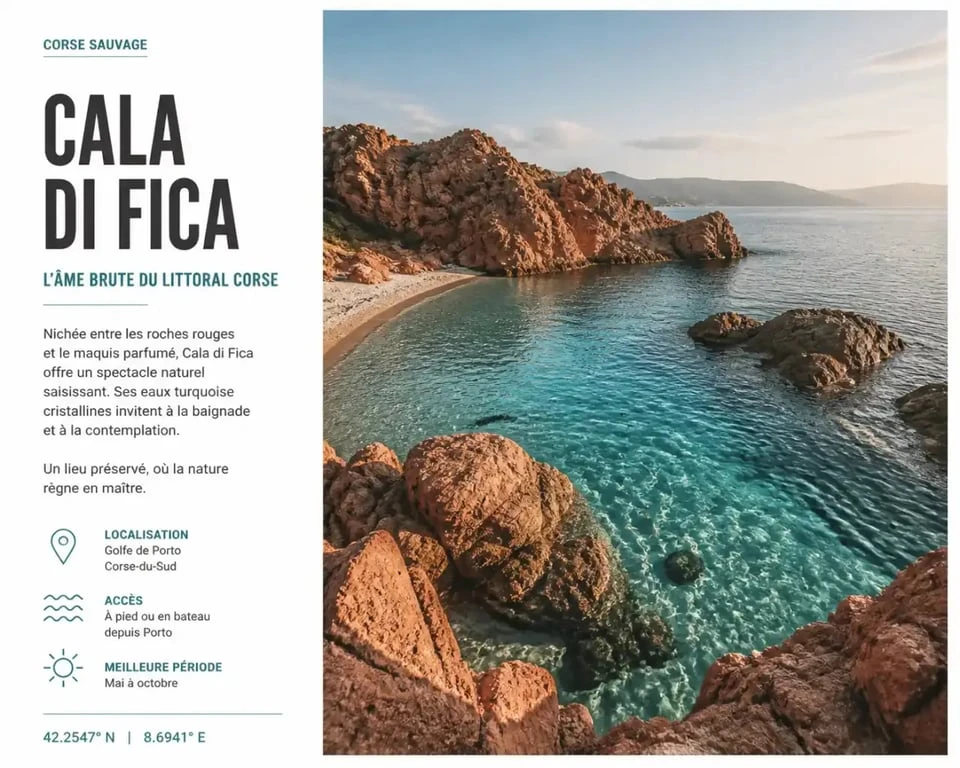 Vue panoramique de la plage sauvage de Cala di Fica en Corse avec ses roches rouges caractéristiques