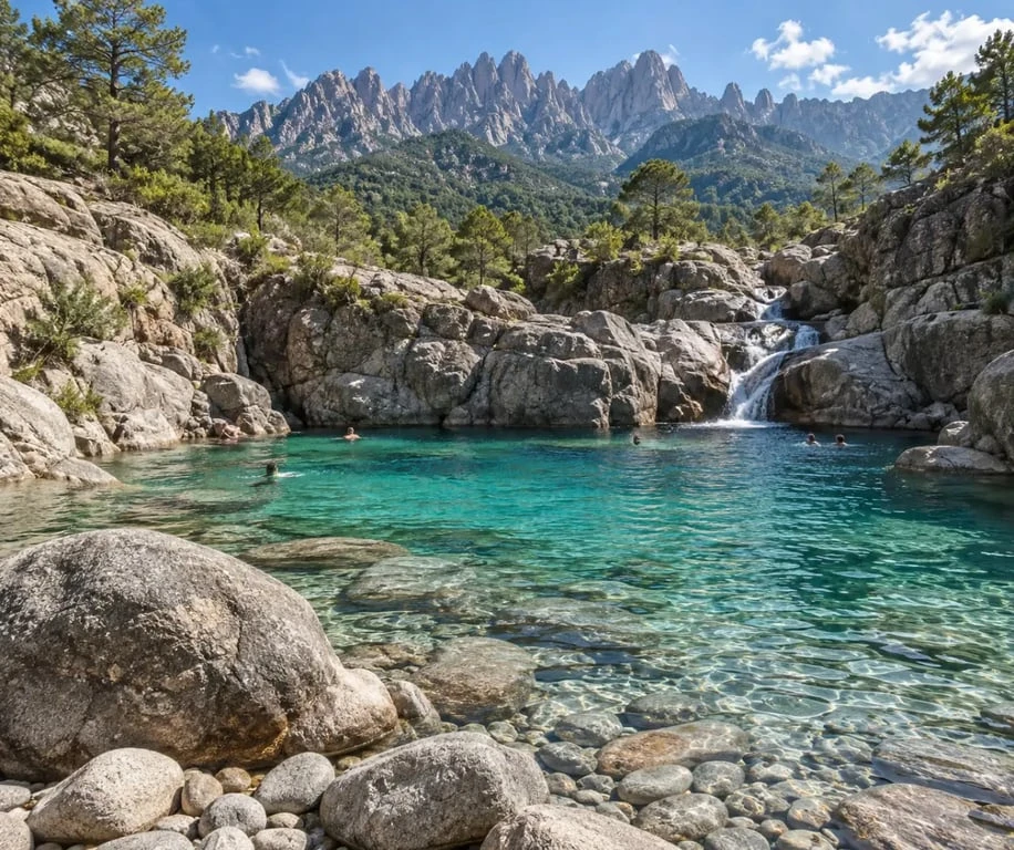 Piscines Solenzara dans une vasque turquoise au pied des montagnes de Bavella