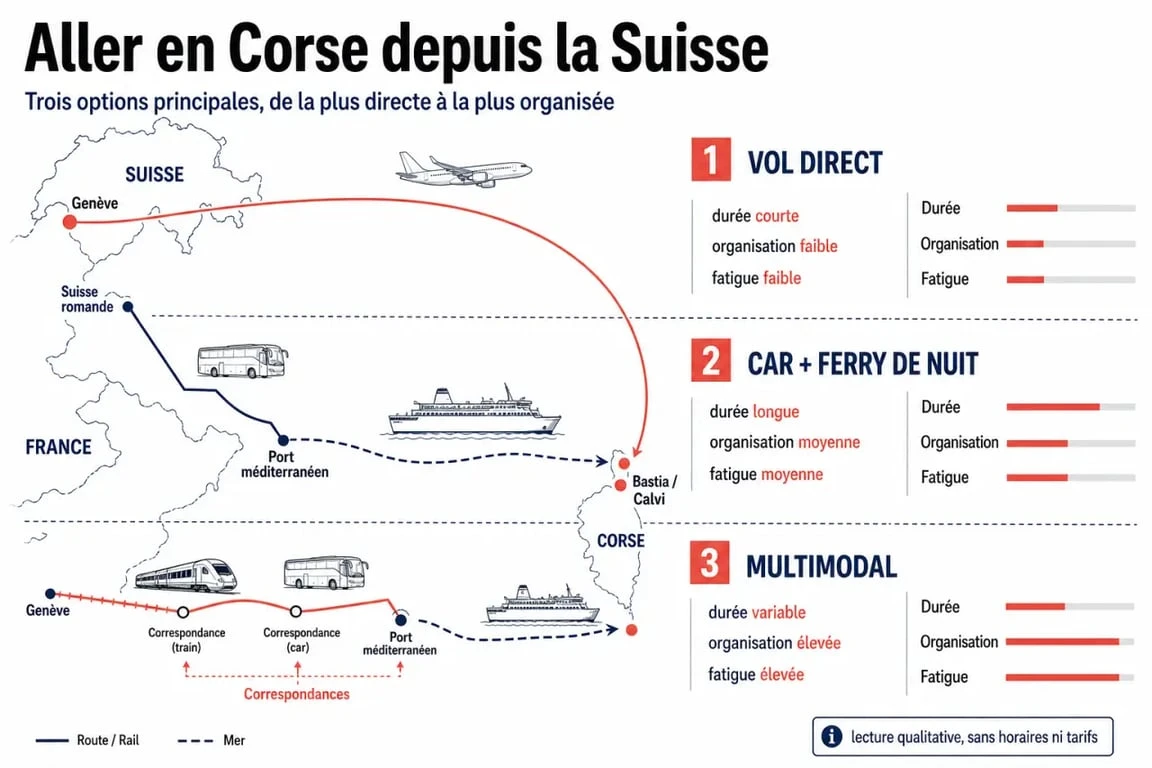 Voyage en Corse depuis la Suisse : comparaison visuelle des options vol, car + ferry et trajet multimodal