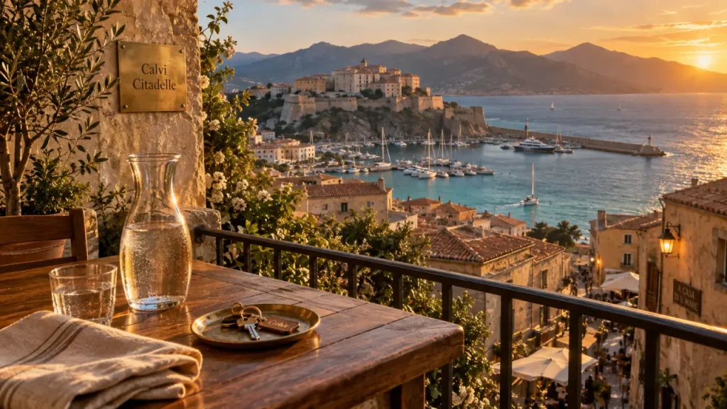 Location vacances Calvi Corse : vue Citadelle et port depuis la terrasse
