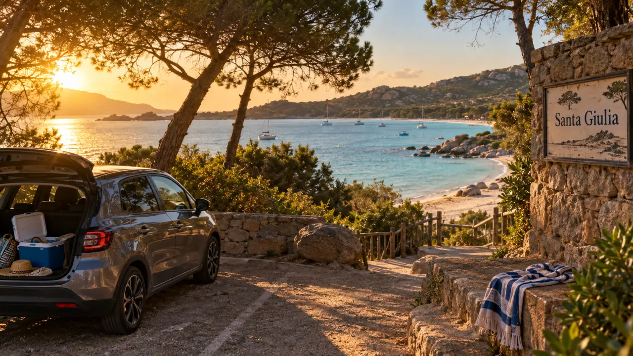 Location vacances Santa Giulia Corse : plage et parking ombragé pins
