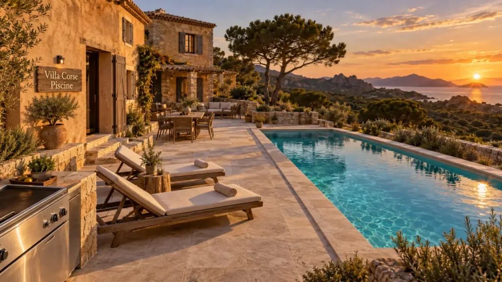 Location villa corse avec piscine : terrasse et piscine privée turquoise