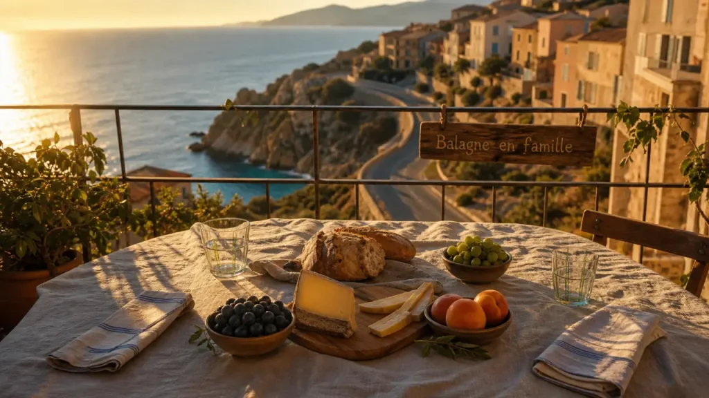 Mes vacances en Corse en famille : pique-nique sur terrasse, vue mer Balagne au golden hour