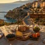 Mes vacances en Corse en famille : pique-nique sur terrasse, vue mer Balagne au golden hour