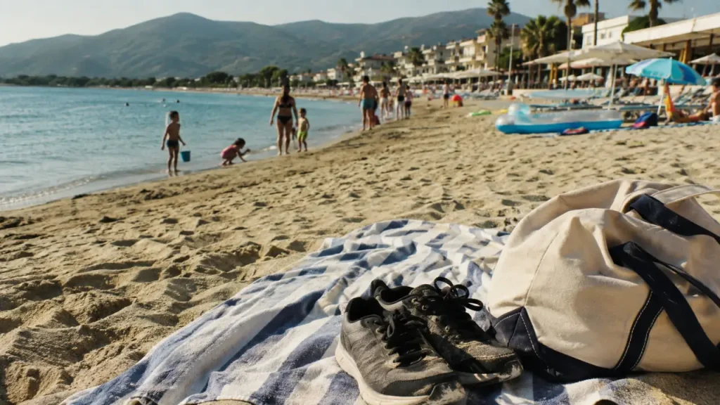 Moriani plage corse : serviette sur sable, mer turquoise et familles