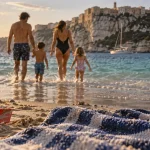 Ou aller en corse en famille : famille sur une plage du Sud, Bonifacio, sable et eau turquoise