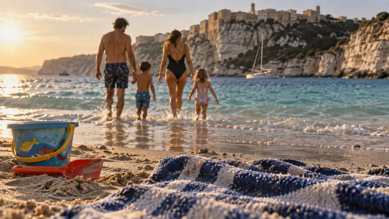 Ou aller en corse en famille : famille sur une plage du Sud, Bonifacio, sable et eau turquoise