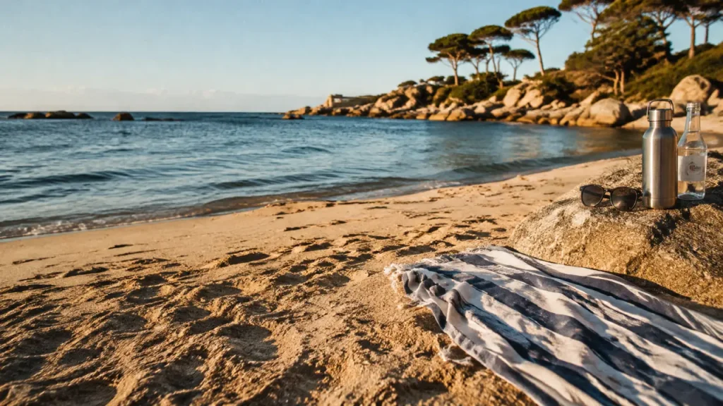 Plage corse : mer turquoise et crique au coucher du soleil