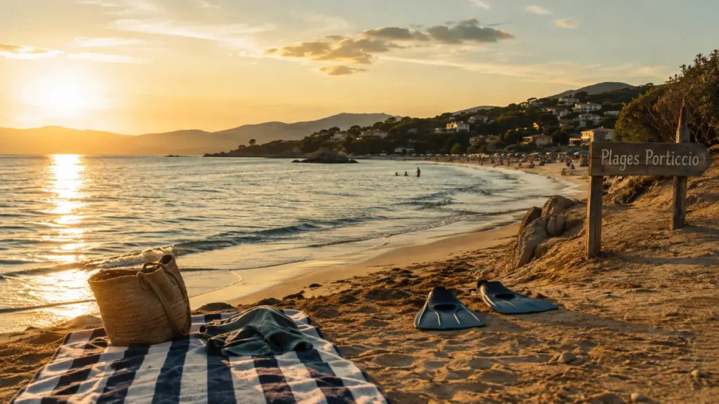 Plages porticcio : serviette et sac sur le sable à Viva, Agosta ou Isolella