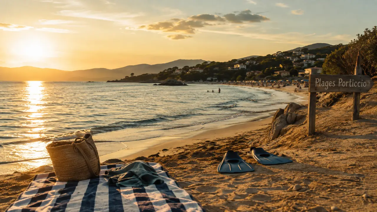Plages porticcio : serviette et sac sur le sable à Viva, Agosta ou Isolella
