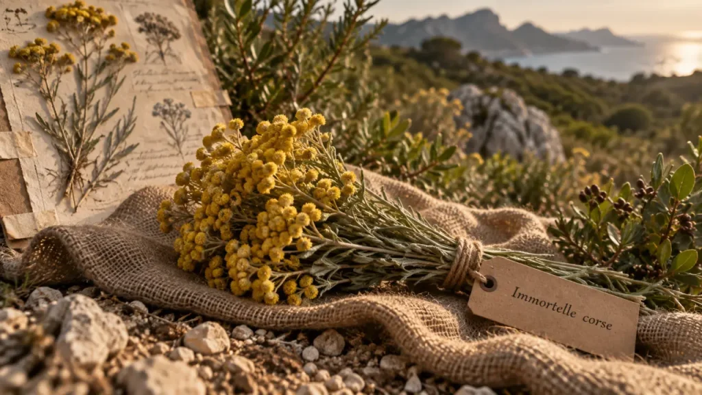 Plante corse : immortelle corse au maquis, capitules jaune doré