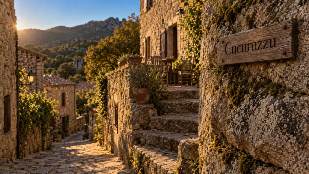 Que faire à Levie Corse : ruelle en granit et panneau Cucuruzzu, golden hour