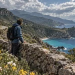 Que faire en corse en avril : randonneur sur route en lacets, maquis en fleurs au Cap Corse