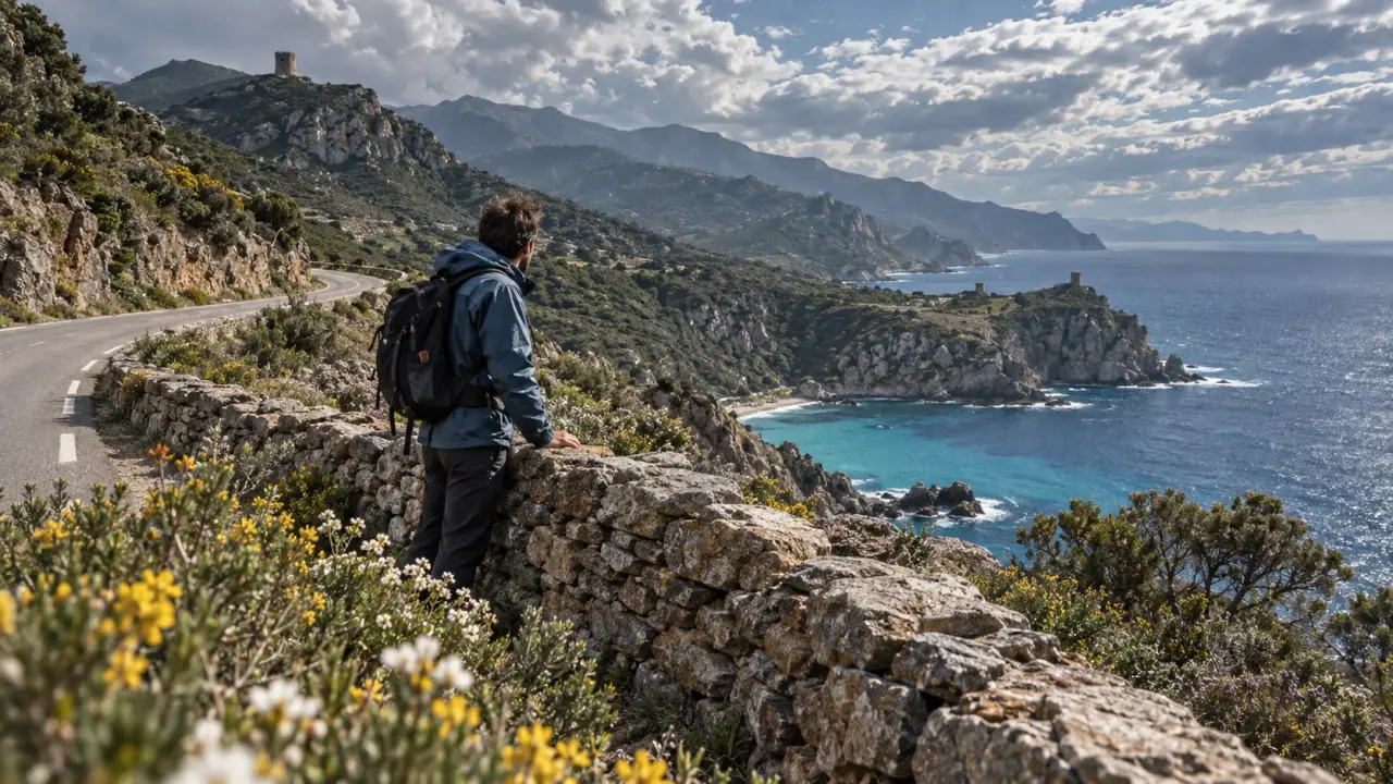 Que faire en corse en avril : randonneur sur route en lacets, maquis en fleurs au Cap Corse