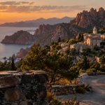 Quel village visiter en corse du sud : Piana au coucher du soleil, falaises et golfe
