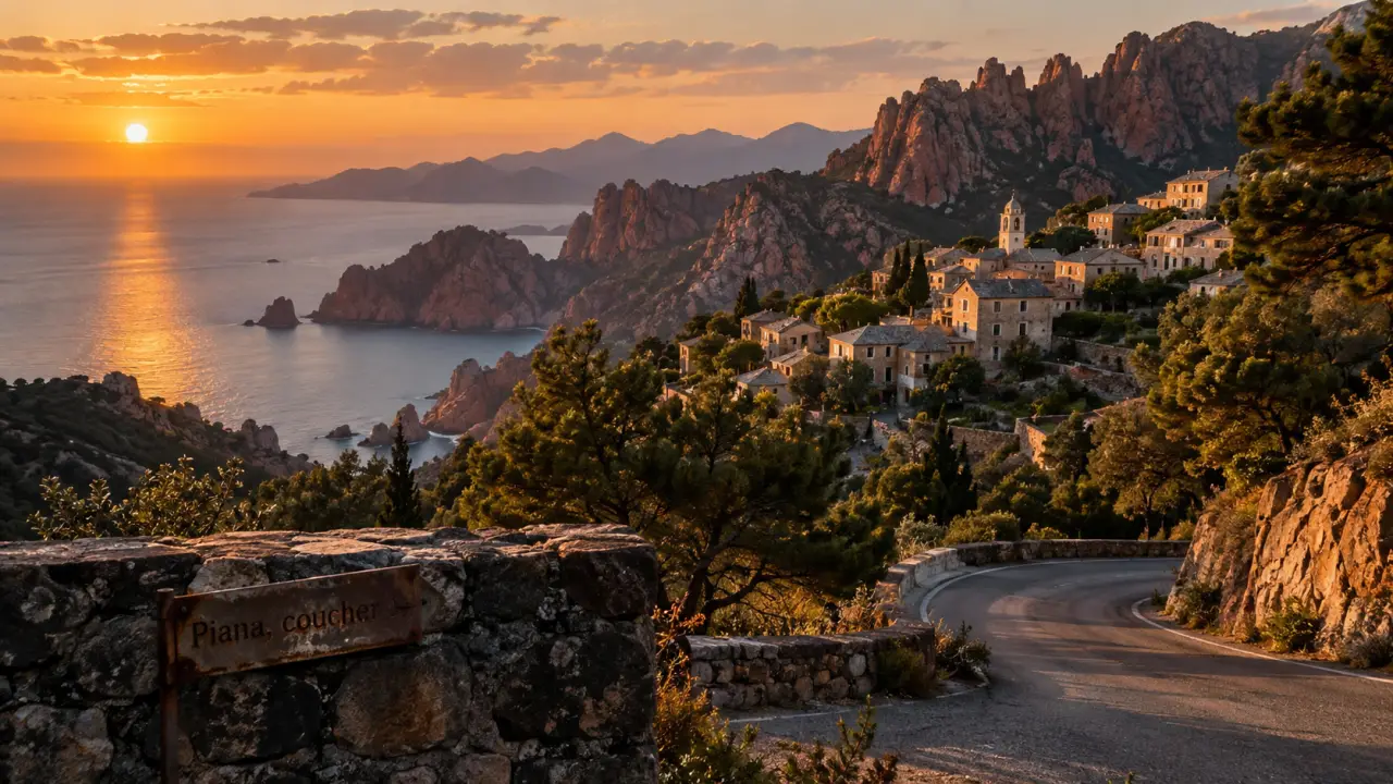 Quel village visiter en corse du sud : Piana au coucher du soleil, falaises et golfe