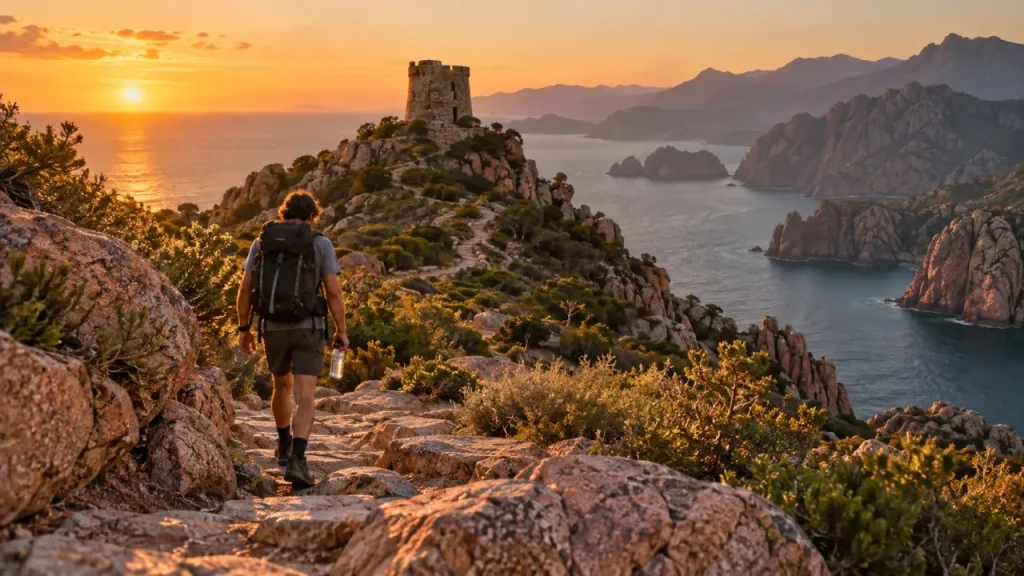 Rando capo rosso, sentier vers la tour génoise de Turghiu, vue mer au coucher du soleil