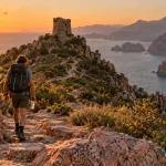 Rando capo rosso, sentier vers la tour génoise de Turghiu, vue mer au coucher du soleil