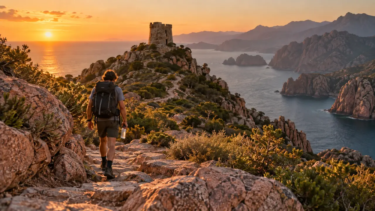Rando capo rosso, sentier vers la tour génoise de Turghiu, vue mer au coucher du soleil