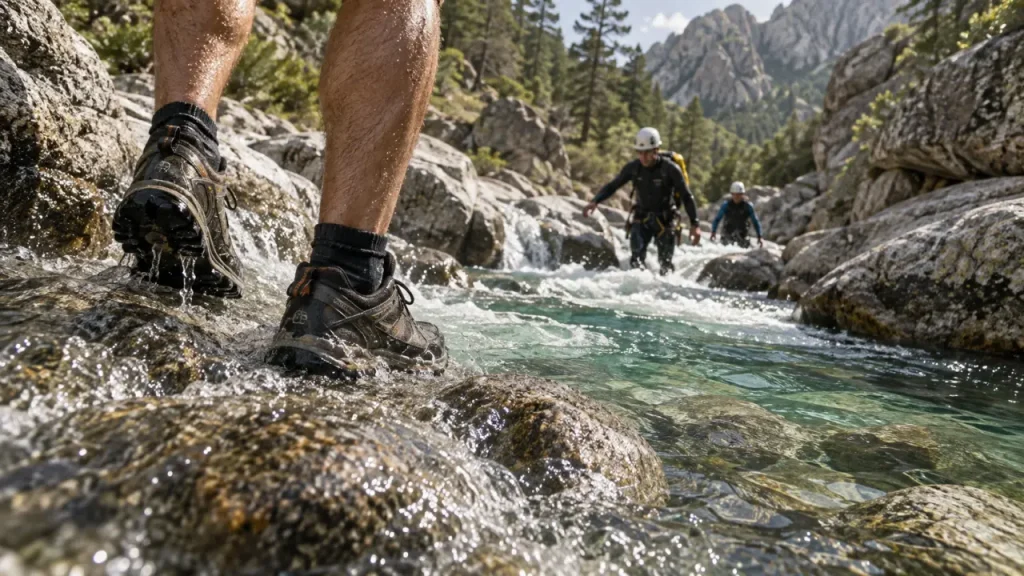 Randonnée aquatique corse : chaussures de randonnée dans l’eau claire en rivière