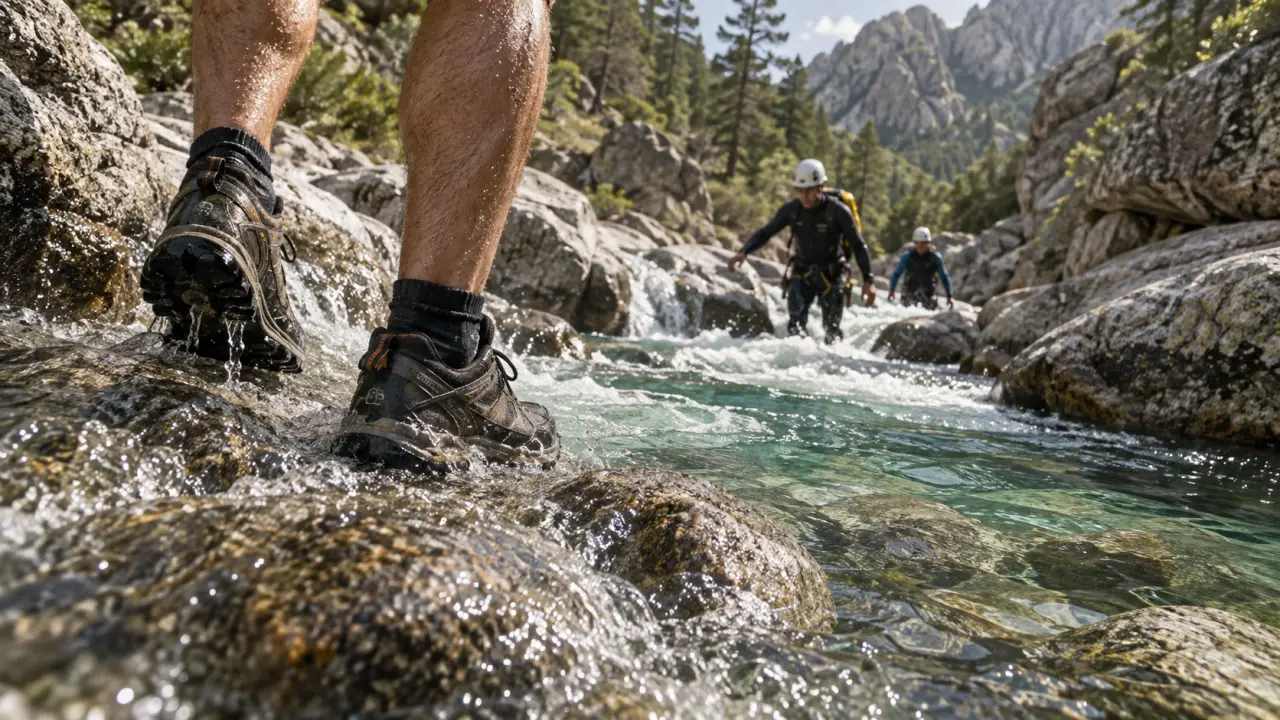 Randonnée aquatique corse : chaussures de randonnée dans l’eau claire en rivière
