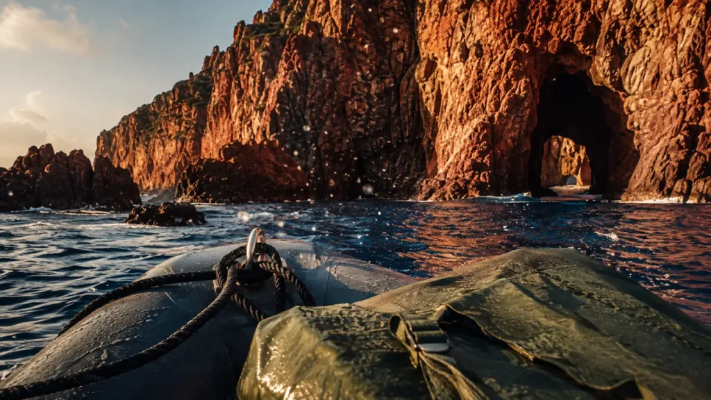 Réserve naturelle de scandola : bateau au large, falaises rouges et grottes marines