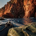 Réserve naturelle de scandola : bateau au large, falaises rouges et grottes marines