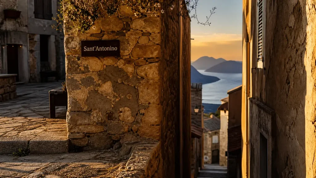Sant Antonino corse itinéraire : ruelle de village perché et vue mer