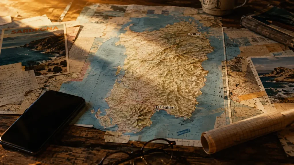 Sardaigne carte : villes, routes et plages sur papier
