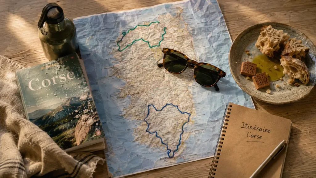 Carte Corse adré : itinéraires Balagne et sud pour séjour de vacances corse