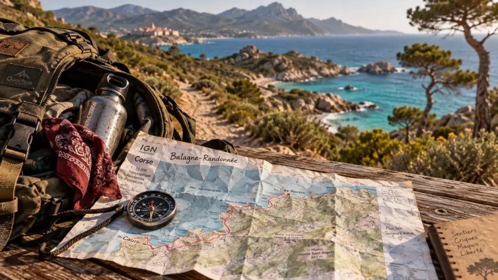 Séjour randonnée corse : carte IGN et boussole près de la mer