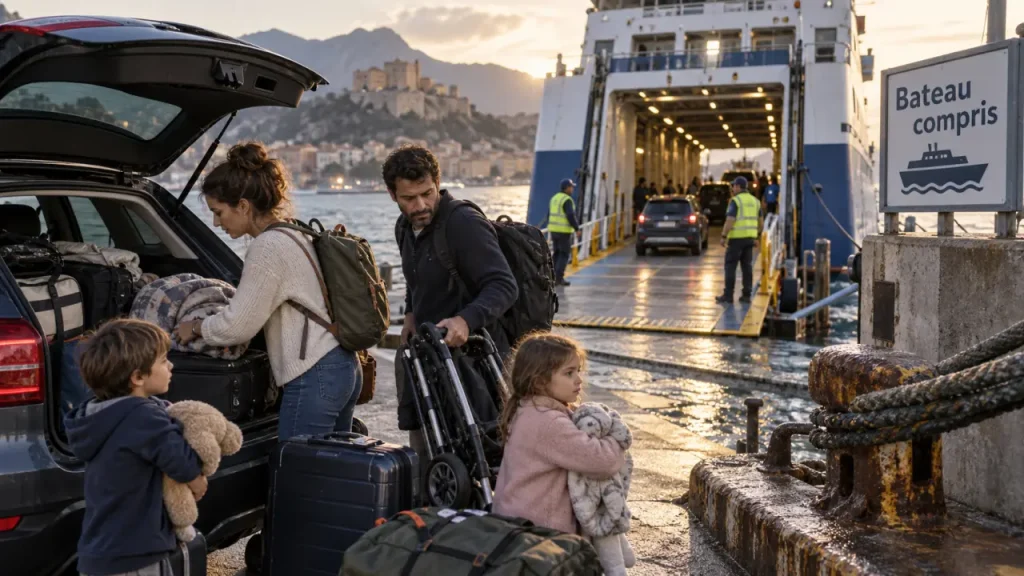 Vacances en Corse bateau compris : famille au port avant ferry
