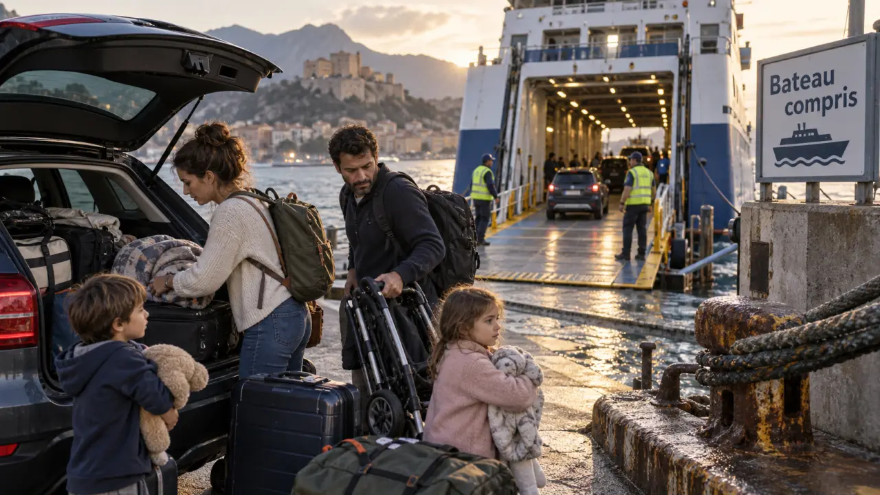 Vacances en Corse bateau compris : famille au port avant ferry