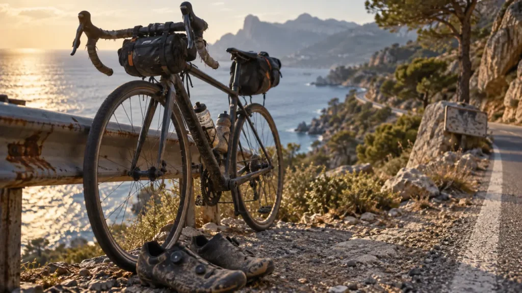 Vacances corse vélo : vélo près de la mer, route vers un col