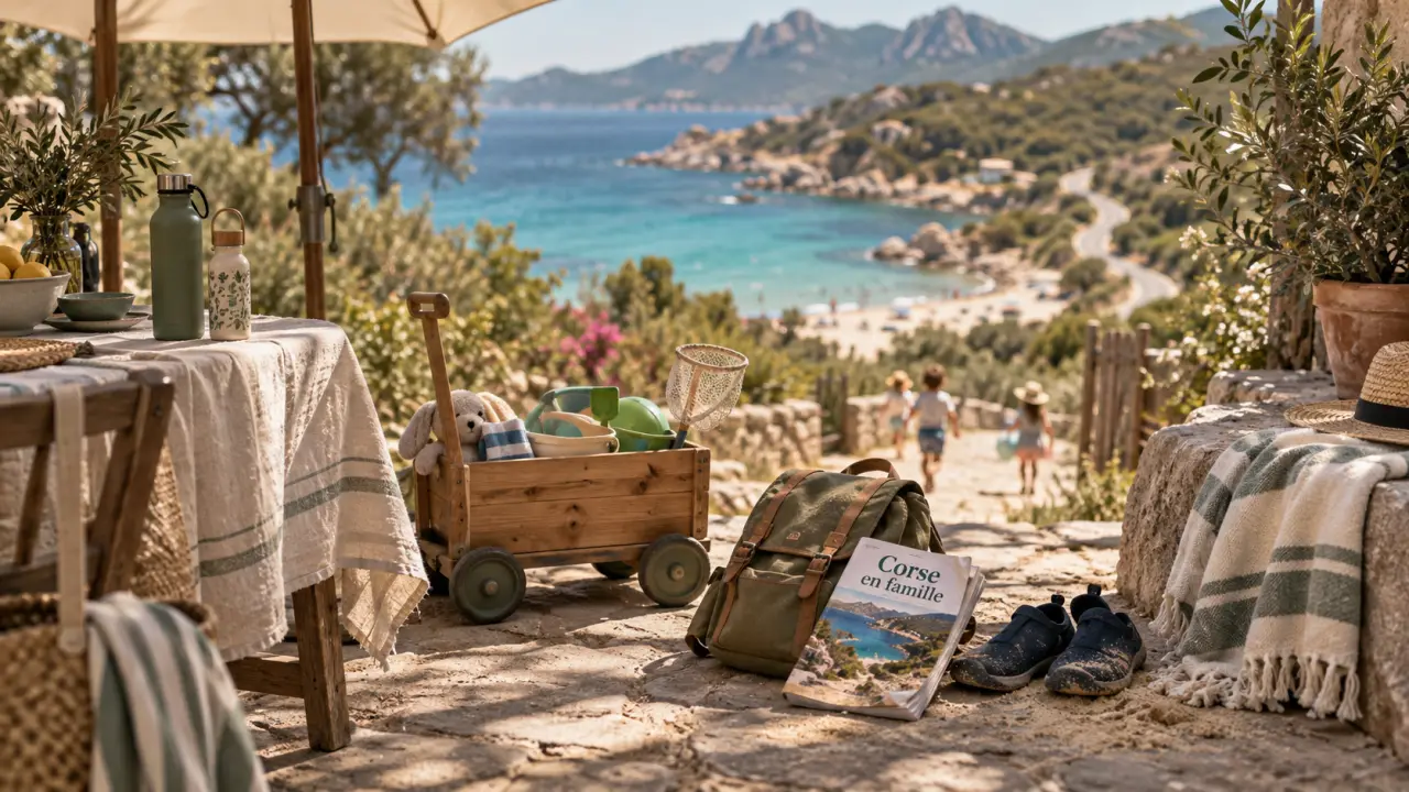 Vacances en Corse en famille : plages faciles, route côtière et enfants près de la mer turquoise