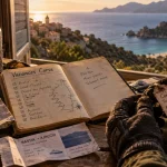 Vacances en corse pas cheres : carnet, billet de ferry et vue sur village.