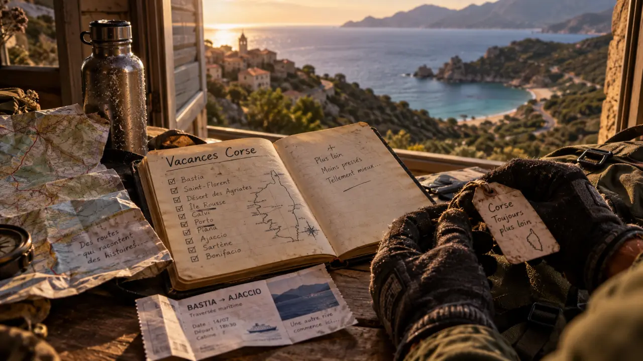 Vacances en corse pas cheres : carnet, billet de ferry et vue sur village.