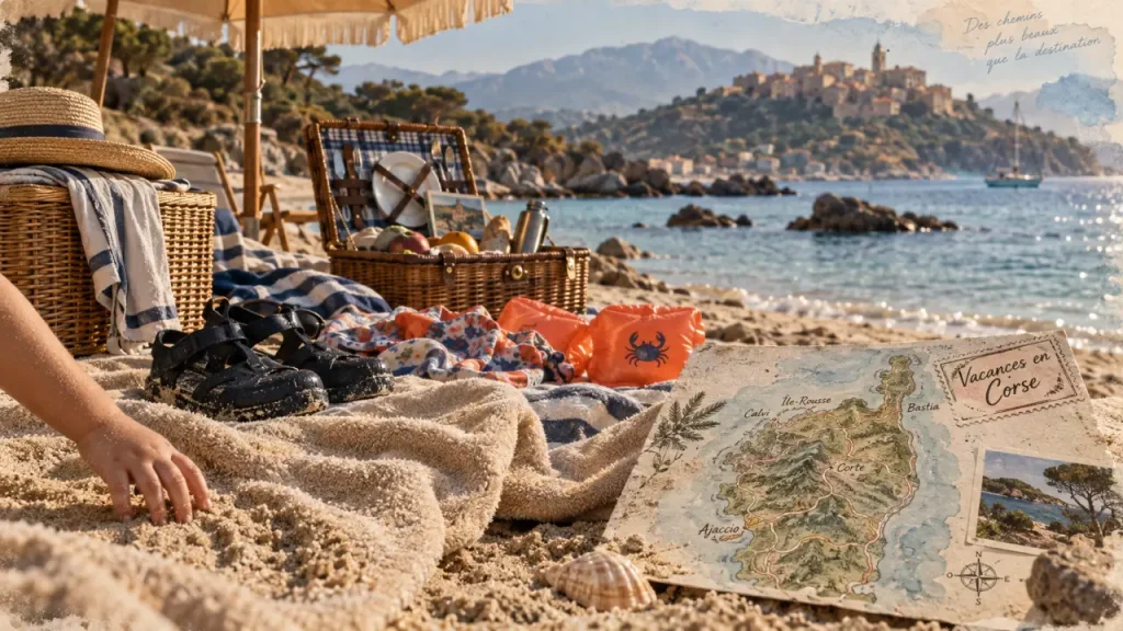 Vacances familiales Corse : plage calme ensoleillée, sable et famille