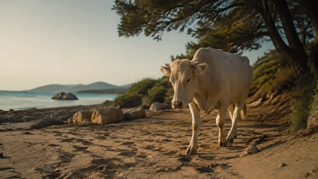 Vache corse plage sur une plage corse à l’aube