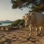 Vache corse plage sur une plage corse à l’aube